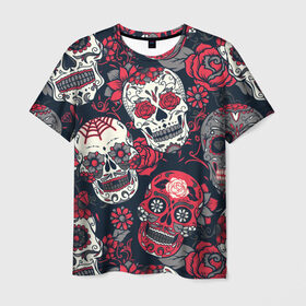 Мужская футболка 3D с принтом Мексиканские черепа в Тюмени, 100% полиэфир | прямой крой, круглый вырез горловины, длина до линии бедер | графика | день мертвых | знак | иллюстрация | искусство | картинка | мексика | мексиканские | мода | национальный | орнамент | паутина | поминки | праздник | рисунок | розы | ромашки | символ | стиль