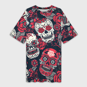 Платье-футболка 3D с принтом Мексиканские черепа в Тюмени,  |  | Тематика изображения на принте: графика | день мертвых | знак | иллюстрация | искусство | картинка | мексика | мексиканские | мода | национальный | орнамент | паутина | поминки | праздник | рисунок | розы | ромашки | символ | стиль