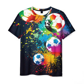 Мужская футболка 3D с принтом Футбольные мячи в Тюмени, 100% полиэфир | прямой крой, круглый вырез горловины, длина до линии бедер | Тематика изображения на принте: ball | cov | football | leather | soccer | болельщик | брызги | графика | иллюстрация | картинка | кожа | краски | мода | мяч | покрытие | пятна | радуга | рисунок | сила | скорость | спорт | спортсмен | стиль | фанат | фон