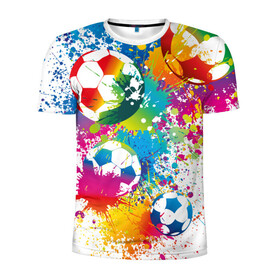 Мужская футболка 3D спортивная с принтом Футбольные мячи  в Тюмени, 100% полиэстер с улучшенными характеристиками | приталенный силуэт, круглая горловина, широкие плечи, сужается к линии бедра | ball | cove | football | leather | soccer | белый | болельщик | брызги | графика | иллюстрация | картинка | кожа | краски | мода | мяч | покрытие | пятна | радуга | рисунок | сила | скорость | спорт | спортсмен | стиль