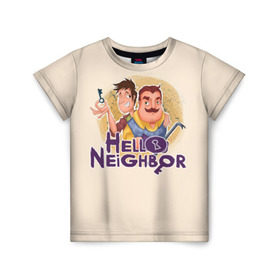 Детская футболка 3D с принтом Hello Neighbor в Тюмени, 100% гипоаллергенный полиэфир | прямой крой, круглый вырез горловины, длина до линии бедер, чуть спущенное плечо, ткань немного тянется | hello | horror | neighbor | survival | дом | нейбор | паркура | привет | сосед | стратегия | хеллоу