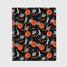 Тетрадь с принтом Basketball в Тюмени, 100% бумага | 48 листов, плотность листов — 60 г/м2, плотность картонной обложки — 250 г/м2. Листы скреплены сбоку удобной пружинной спиралью. Уголки страниц и обложки скругленные. Цвет линий — светло-серый
 | Тематика изображения на принте: basket | basketball | баскетбол | баскетбольные | болельщик | бросок | брызги | графика | иллюстрация | капли | картинка | кляксы | кольцо | мода | мячи | надпись | прыжок | рисунок | сетка | сила | скорость