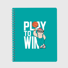 Тетрадь с принтом Play to win в Тюмени, 100% бумага | 48 листов, плотность листов — 60 г/м2, плотность картонной обложки — 250 г/м2. Листы скреплены сбоку удобной пружинной спиралью. Уголки страниц и обложки скругленные. Цвет линий — светло-серый
 | баскетбол | баскетбольный | бейсболка | графика | животное | зелёный | играй | иллюстрация | картинка | комбинезон | кот | кроссовки | крутит | мода | мяч | на пальце | надпись | очки | победы | ради