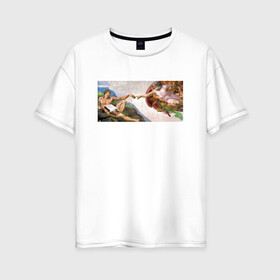 Женская футболка хлопок Oversize с принтом Сотворение Адама с Пончиками в Тюмени, 100% хлопок | свободный крой, круглый ворот, спущенный рукав, длина до линии бедер
 | адам и ева | ангелы | бог | булочка | вкусняшка | возрождение | выпечка | галерея | еда | живопись | искусство | капелла | картина | лувр | масло | рафаэль | холст | художник | эрмитаж | юмор