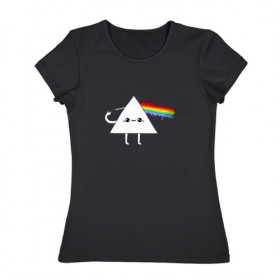 Женская футболка хлопок с принтом Kawaii Pink Floyd в Тюмени, 100% хлопок | прямой крой, круглый вырез горловины, длина до линии бедер, слегка спущенное плечо | anime | аниме | выстрел | лапочка | логотип | луч | милый | мимими | музыка | пистолет | прелесть | призма | радуга | рок | свет | треугольник