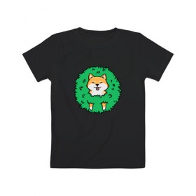 Детская футболка хлопок с принтом Bush Shiba Inu в Тюмени, 100% хлопок | круглый вырез горловины, полуприлегающий силуэт, длина до линии бедер | Тематика изображения на принте: акита | аниме | зелень | китай | куст | милый | пес | песик | собака | собачка | щенок | япония