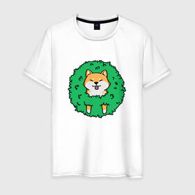 Мужская футболка хлопок с принтом Bush Shiba Inu в Тюмени, 100% хлопок | прямой крой, круглый вырез горловины, длина до линии бедер, слегка спущенное плечо. | акита | аниме | зелень | китай | куст | милый | пес | песик | собака | собачка | щенок | япония