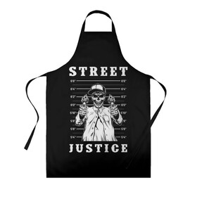 Фартук 3D с принтом Street justice в Тюмени, 100% полиэстер | общий размер — 65 х 85 см, ширина нагрудника — 26 см, горловина — 53 см, длина завязок — 54 см, общий обхват в поясе — 173 см. Принт на завязках и на горловине наносится с двух сторон, на основной части фартука — только с внешней стороны | justice | s | skeleton | skull | street | банда | бандана | бандит | бейсболка | графика | иллюстрация | картинка | мода | надпись | оружие | пистолеты | платок | револьверы | рисунок | символ | скелет | справедливость