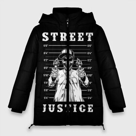 Женская зимняя куртка 3D с принтом Street justice в Тюмени, верх — 100% полиэстер; подкладка — 100% полиэстер; утеплитель — 100% полиэстер | длина ниже бедра, силуэт Оверсайз. Есть воротник-стойка, отстегивающийся капюшон и ветрозащитная планка. 

Боковые карманы с листочкой на кнопках и внутренний карман на молнии | Тематика изображения на принте: justice | s | skeleton | skull | street | банда | бандана | бандит | бейсболка | графика | иллюстрация | картинка | мода | надпись | оружие | пистолеты | платок | револьверы | рисунок | символ | скелет | справедливость