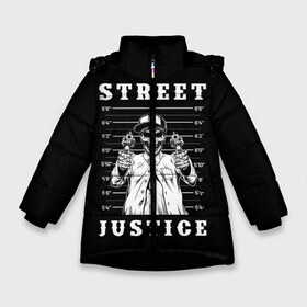 Зимняя куртка для девочек 3D с принтом Street justice в Тюмени, ткань верха — 100% полиэстер; подклад — 100% полиэстер, утеплитель — 100% полиэстер. | длина ниже бедра, удлиненная спинка, воротник стойка и отстегивающийся капюшон. Есть боковые карманы с листочкой на кнопках, утяжки по низу изделия и внутренний карман на молнии. 

Предусмотрены светоотражающий принт на спинке, радужный светоотражающий элемент на пуллере молнии и на резинке для утяжки. | Тематика изображения на принте: justice | s | skeleton | skull | street | банда | бандана | бандит | бейсболка | графика | иллюстрация | картинка | мода | надпись | оружие | пистолеты | платок | револьверы | рисунок | символ | скелет | справедливость