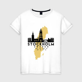 Женская футболка хлопок с принтом Стокгольм - Швеция в Тюмени, 100% хлопок | прямой крой, круглый вырез горловины, длина до линии бедер, слегка спущенное плечо | adventure | city | sweden | travel | world | город | государство | европа | жизнь | карта | культура | люди | мир | народ | памят | партиот | планета | приключение | путешествие | спорт | ссср | стокгольм | столица | страна
