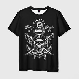 Мужская футболка 3D с принтом Pirates в Тюмени, 100% полиэфир | прямой крой, круглый вырез горловины, длина до линии бедер | b | pirates | robbers | sea | skull | бандана | веселый | графика | иллюстрация | канат | картинка | кости | логотип | мода | морские | надпись | оружие | пираты | платок | разбойники | рисунок | роджер | сабли | стиль
