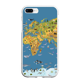 Чехол для iPhone 7Plus/8 Plus матовый с принтом Карта мира в Тюмени, Силикон | Область печати: задняя сторона чехла, без боковых панелей | Тематика изображения на принте: азия | акулы | америка | антарктида | бизон | волк | европа | животные | зебра | кабан | карта | киты | лама | лев | лось | материки | медведь | мира | моржи | моря | океаны | пингвины | птицы | реки | рыбы