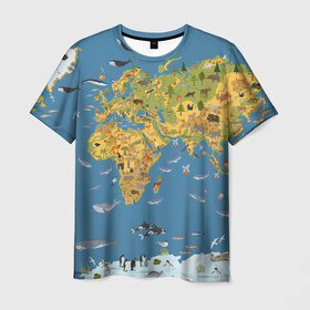 Мужская футболка 3D с принтом Карта мира в Тюмени, 100% полиэфир | прямой крой, круглый вырез горловины, длина до линии бедер | Тематика изображения на принте: азия | акулы | америка | антарктида | бизон | волк | европа | животные | зебра | кабан | карта | киты | лама | лев | лось | материки | медведь | мира | моржи | моря | океаны | пингвины | птицы | реки | рыбы