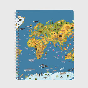 Тетрадь с принтом Карта мира в Тюмени, 100% бумага | 48 листов, плотность листов — 60 г/м2, плотность картонной обложки — 250 г/м2. Листы скреплены сбоку удобной пружинной спиралью. Уголки страниц и обложки скругленные. Цвет линий — светло-серый
 | Тематика изображения на принте: азия | акулы | америка | антарктида | бизон | волк | европа | животные | зебра | кабан | карта | киты | лама | лев | лось | материки | медведь | мира | моржи | моря | океаны | пингвины | птицы | реки | рыбы