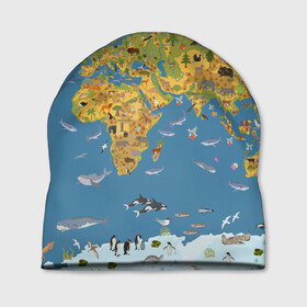 Шапка 3D с принтом Карта мира в Тюмени, 100% полиэстер | универсальный размер, печать по всей поверхности изделия | Тематика изображения на принте: азия | акулы | америка | антарктида | бизон | волк | европа | животные | зебра | кабан | карта | киты | лама | лев | лось | материки | медведь | мира | моржи | моря | океаны | пингвины | птицы | реки | рыбы
