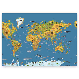 Поздравительная открытка с принтом Карта мира в Тюмени, 100% бумага | плотность бумаги 280 г/м2, матовая, на обратной стороне линовка и место для марки
 | Тематика изображения на принте: азия | акулы | америка | антарктида | бизон | волк | европа | животные | зебра | кабан | карта | киты | лама | лев | лось | материки | медведь | мира | моржи | моря | океаны | пингвины | птицы | реки | рыбы