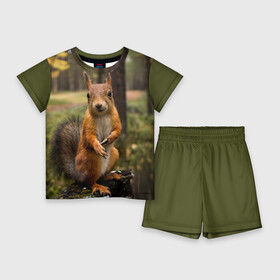 Детский костюм с шортами 3D с принтом Белочка в Тюмени,  |  | белка | веселая | весна | глаза | грызун | деревья | зверек | зверь | зеленая | зелень | классная | лес | лето | новинка | осень | пенек | позирует | прикольная | природа | пушистая | рыжая | семечки | фото