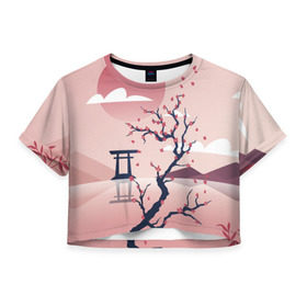 Женская футболка 3D укороченная с принтом Японский мотив в Тюмени, 100% полиэстер | круглая горловина, длина футболки до линии талии, рукава с отворотами | 23 | 8 | азия | вип | вишня | горы | дерево | дизайн | мода | небо | новинка | новый год | подарок | сакура | солнце | стритвир | топ | тренд | цветок | япония