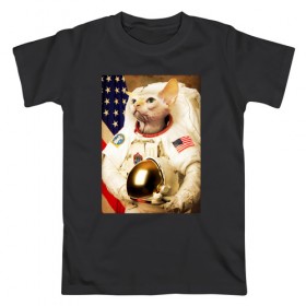 Мужская футболка хлопок с принтом Cat Astronaut в Тюмени, 100% хлопок | прямой крой, круглый вырез горловины, длина до линии бедер, слегка спущенное плечо. | nasa | space | америка | армстронг | астронавт | вселенная | киса | киска | космонавт | космос | кот | котейка | котенок | котэ | котя | кошка | лысый | полет | сфинкс