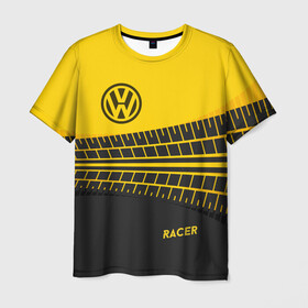 Мужская футболка 3D с принтом Volkswagen в Тюмени, 100% полиэфир | прямой крой, круглый вырез горловины, длина до линии бедер | racer | авто | автолюбитель. volkswagen | гонщик | желто черная | колесо | машина | след | фольксваген | шина