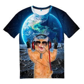 Мужская футболка 3D с принтом Кот на луне в Тюмени, 100% полиэфир | прямой крой, круглый вырез горловины, длина до линии бедер | cat | астрономия | в космосе | в наушниках | в очках | грозовой кошак | животные | звезды | земля | илон маск | космическая | космонавт | космос | кот | котейка | котики | луна | луноход | на фоне земли