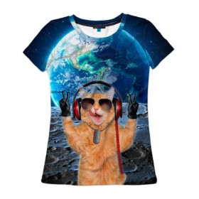 Женская футболка 3D с принтом Кот на луне в Тюмени, 100% полиэфир ( синтетическое хлопкоподобное полотно) | прямой крой, круглый вырез горловины, длина до линии бедер | cat | астрономия | в космосе | в наушниках | в очках | грозовой кошак | животные | звезды | земля | илон маск | космическая | космонавт | космос | кот | котейка | котики | луна | луноход | на фоне земли