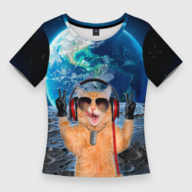 Женская футболка 3D Slim с принтом Кот на луне в Тюмени,  |  | cat | астрономия | в космосе | в наушниках | в очках | грозовой кошак | животные | звезды | земля | илон маск | космическая | космонавт | космос | кот | котейка | котики | луна | луноход | на фоне земли