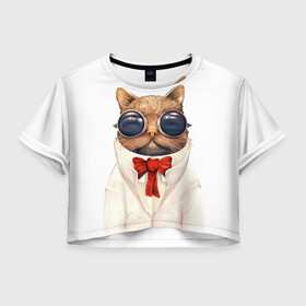 Женская футболка Cropp-top с принтом Кот в Тюмени, 100% полиэстер | круглая горловина, длина футболки до линии талии, рукава с отворотами | бабочка | в очках | киса | киска | костюм | котейка | котенок | котэ | котя | кошка | крутой | модный | стиль | ученый