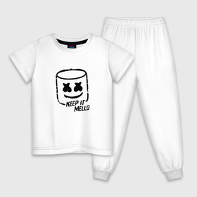 Детская пижама хлопок с принтом Keep It Mello в Тюмени, 100% хлопок |  брюки и футболка прямого кроя, без карманов, на брюках мягкая резинка на поясе и по низу штанин
 | Тематика изображения на принте: marshmallow | marshmello | диджей | маршмэллоу | музыка