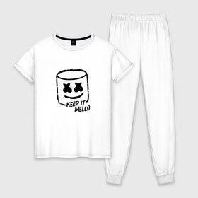 Женская пижама хлопок с принтом Keep It Mello в Тюмени, 100% хлопок | брюки и футболка прямого кроя, без карманов, на брюках мягкая резинка на поясе и по низу штанин | marshmallow | marshmello | диджей | маршмэллоу | музыка