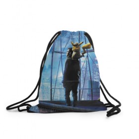 Рюкзак-мешок 3D с принтом Детектив Пикачу в Тюмени, 100% полиэстер | плотность ткани — 200 г/м2, размер — 35 х 45 см; лямки — толстые шнурки, застежка на шнуровке, без карманов и подкладки | 