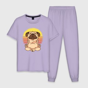 Мужская пижама хлопок с принтом Мопс Йога в Тюмени, 100% хлопок | брюки и футболка прямого кроя, без карманов, на брюках мягкая резинка на поясе и по низу штанин
 | Тематика изображения на принте: dog | pug | yoga | йога | медитация | мопс | мопсы | собака | собаки | фитнес