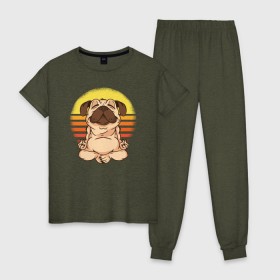 Женская пижама хлопок с принтом Мопс Йога в Тюмени, 100% хлопок | брюки и футболка прямого кроя, без карманов, на брюках мягкая резинка на поясе и по низу штанин | dog | pug | yoga | йога | медитация | мопс | мопсы | собака | собаки | фитнес