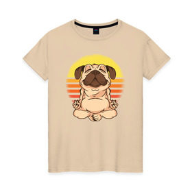 Женская футболка хлопок с принтом Мопс Йога в Тюмени, 100% хлопок | прямой крой, круглый вырез горловины, длина до линии бедер, слегка спущенное плечо | dog | pug | yoga | йога | медитация | мопс | мопсы | собака | собаки | фитнес