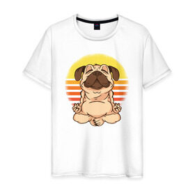 Мужская футболка хлопок с принтом Мопс Йога в Тюмени, 100% хлопок | прямой крой, круглый вырез горловины, длина до линии бедер, слегка спущенное плечо. | dog | pug | yoga | йога | медитация | мопс | мопсы | собака | собаки | фитнес