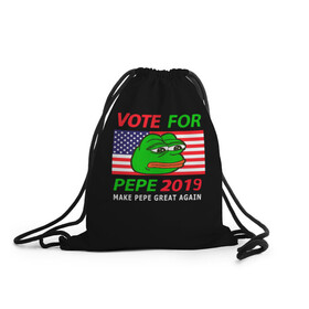 Рюкзак-мешок 3D с принтом Vote for pepe в Тюмени, 100% полиэстер | плотность ткани — 200 г/м2, размер — 35 х 45 см; лямки — толстые шнурки, застежка на шнуровке, без карманов и подкладки | Тематика изображения на принте: bad | dab | frog | good | kek | make pepe great again | pepe | sad | sad frog | vote for pepe | кек | лягушка | мем | мемы | пепе | со смыслом | фрог