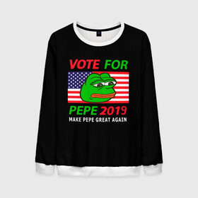 Мужской свитшот 3D с принтом Vote for pepe в Тюмени, 100% полиэстер с мягким внутренним слоем | круглый вырез горловины, мягкая резинка на манжетах и поясе, свободная посадка по фигуре | Тематика изображения на принте: bad | dab | frog | good | kek | make pepe great again | pepe | sad | sad frog | vote for pepe | кек | лягушка | мем | мемы | пепе | со смыслом | фрог