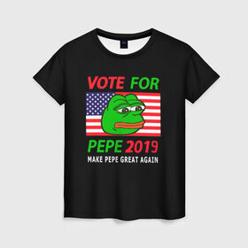 Женская футболка 3D с принтом Vote for pepe в Тюмени, 100% полиэфир ( синтетическое хлопкоподобное полотно) | прямой крой, круглый вырез горловины, длина до линии бедер | bad | dab | frog | good | kek | make pepe great again | pepe | sad | sad frog | vote for pepe | кек | лягушка | мем | мемы | пепе | со смыслом | фрог