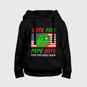 Детская толстовка 3D с принтом Vote for pepe в Тюмени, 100% полиэстер | двухслойный капюшон со шнурком для регулировки, мягкие манжеты на рукавах и по низу толстовки, спереди карман-кенгуру с мягким внутренним слоем | Тематика изображения на принте: bad | dab | frog | good | kek | make pepe great again | pepe | sad | sad frog | vote for pepe | кек | лягушка | мем | мемы | пепе | со смыслом | фрог