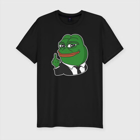 Мужская футболка хлопок Slim с принтом Pepe  в Тюмени, 92% хлопок, 8% лайкра | приталенный силуэт, круглый вырез ворота, длина до линии бедра, короткий рукав | bad | dab | frog | good | kek | make pepe great again | pepe | sad | sad frog | vote for pepe | кек | лягушка | мем | мемы | пепе | со смыслом | фрог