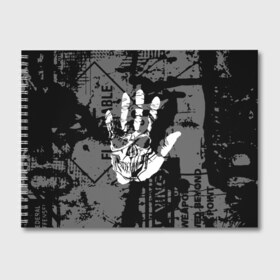 Альбом для рисования с принтом Stop в Тюмени, 100% бумага
 | матовая бумага, плотность 200 мг. | Тематика изображения на принте: black | caution | gray | halloween | hand | skeleton | skull | stop | white | белый | предупреждение | рука | серый | скелет | хэллоуин | череп | черный