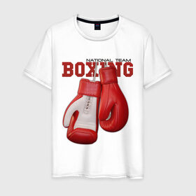 Мужская футболка хлопок с принтом National Team Boxing в Тюмени, 100% хлопок | прямой крой, круглый вырез горловины, длина до линии бедер, слегка спущенное плечо. | бокс | перчатки
