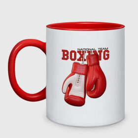 Кружка двухцветная с принтом National Team Boxing в Тюмени, керамика | объем — 330 мл, диаметр — 80 мм. Цветная ручка и кайма сверху, в некоторых цветах — вся внутренняя часть | бокс | перчатки