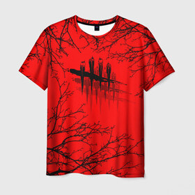 Мужская футболка 3D с принтом Dead by Daylight в Тюмени, 100% полиэфир | прямой крой, круглый вырез горловины, длина до линии бедер | dead by daylight | ветки | деад бай деад лайт | деревья | жуть | игра | компьютерная игра | красный | красный и черный | кровь | ужасы | черный