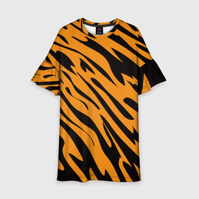 Детское платье 3D с принтом Тигр в Тюмени, 100% полиэстер | прямой силуэт, чуть расширенный к низу. Круглая горловина, на рукавах — воланы | животное | зверь | кардашьян | ким | кот | лев | оранжевый | полосы | рыжий | тигр | черный