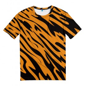 Мужская футболка 3D с принтом Тигр в Тюмени, 100% полиэфир | прямой крой, круглый вырез горловины, длина до линии бедер | Тематика изображения на принте: животное | зверь | кардашьян | ким | кот | лев | оранжевый | полосы | рыжий | тигр | черный