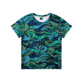 Детская футболка 3D с принтом Морская пучина в Тюмени, 100% гипоаллергенный полиэфир | прямой крой, круглый вырез горловины, длина до линии бедер, чуть спущенное плечо, ткань немного тянется | абстракция | волны | зеленый | круг | линии | море | полосы | синий