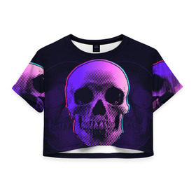 Женская футболка 3D укороченная с принтом Токсичный череп в Тюмени, 100% полиэстер | круглая горловина, длина футболки до линии талии, рукава с отворотами | 3d | 3д | голограмма | иллюзия | кости | розовый | синий | скелет | ультра | фиолетовый | череп | черный