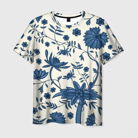 Мужская футболка 3D с принтом Цветочная фантазия в Тюмени, 100% полиэфир | прямой крой, круглый вырез горловины, длина до линии бедер | белый | листья | отпуск | природа | синий | цветы